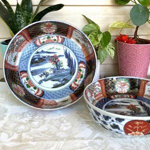 Antique Japanese Imari Porcelain Footed Rice Serving Bowl- Hand Painted-Set of 2
